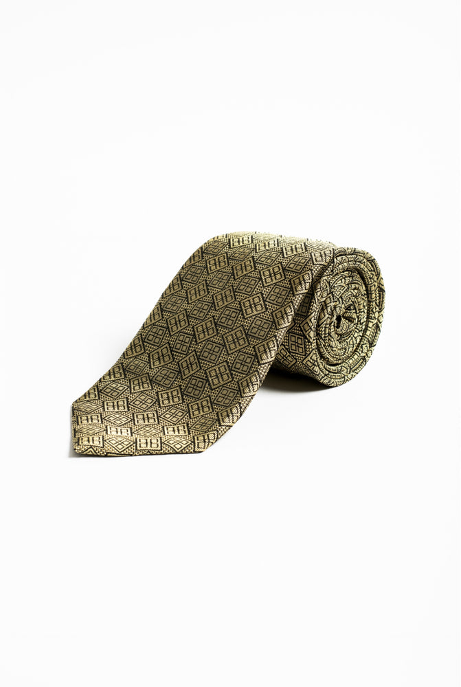 Gold Cowrie Grid Motif Silk Tie